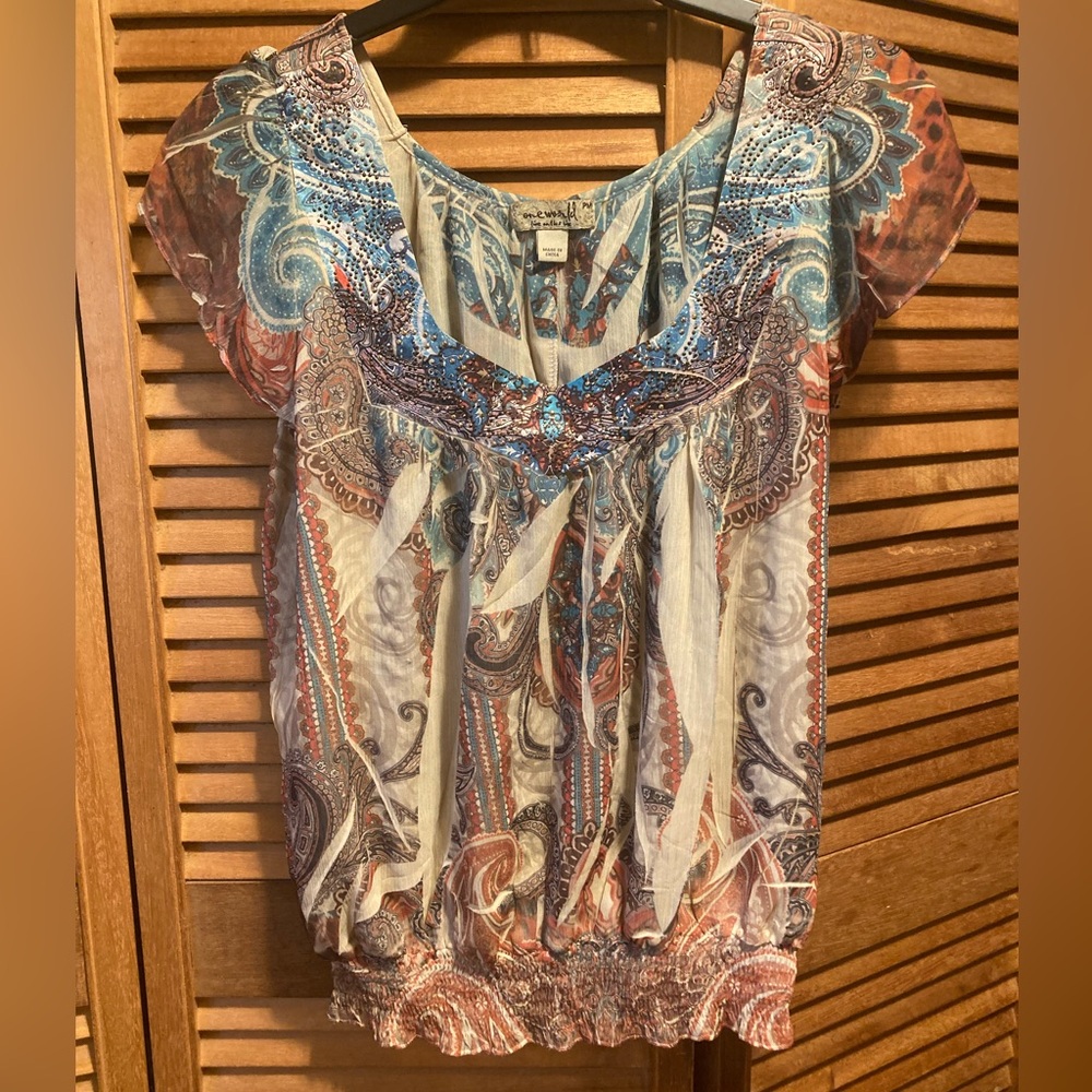 One World Colorful Bohemian Style Top with Embellishments and Elastic Waistband